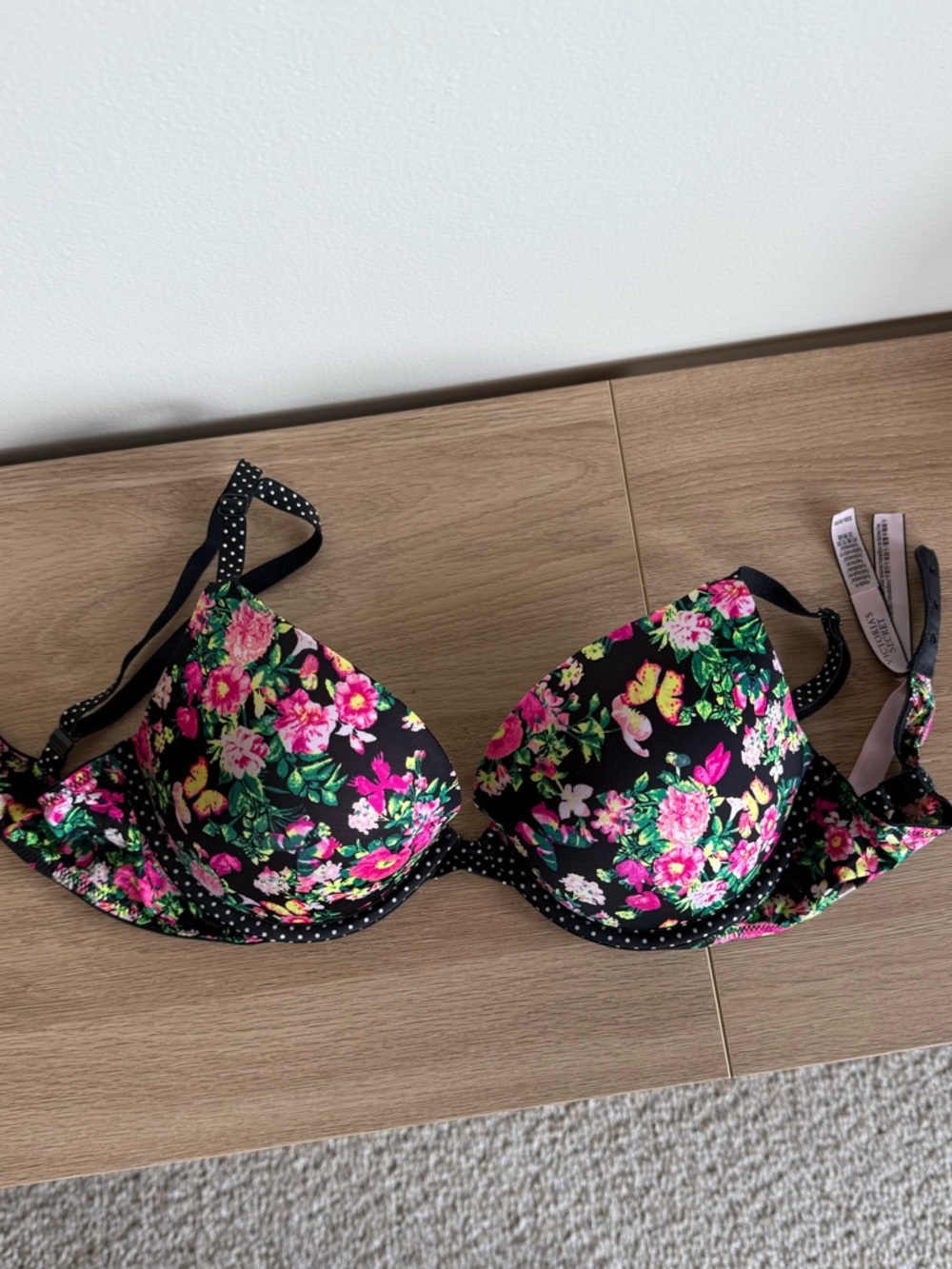 Victoria's Secret Black Floral Push-Up Bra with Polka Dot Trim
